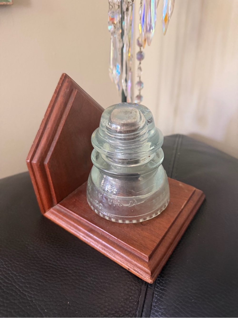 Vintage handmade wood & removable glass insulator book end